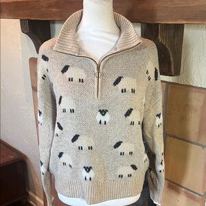 LOFT Cozy Light Tan 1/4 Zip Sheep Pattern Sweater, size XS